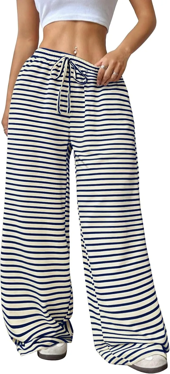 GUOLEZEEV Women's Striped Pants Comfy High Waist Trendy Y2K Pajama Lounge Pants Sleepwear with Pockets
