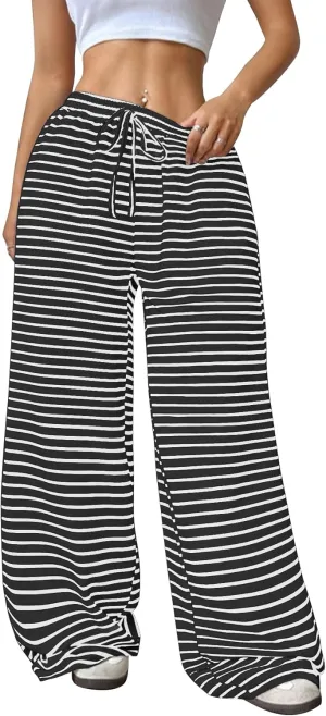 GUOLEZEEV Women's Striped Pants Comfy High Waist Trendy Y2K Pajama Lounge Pants Sleepwear with Pockets