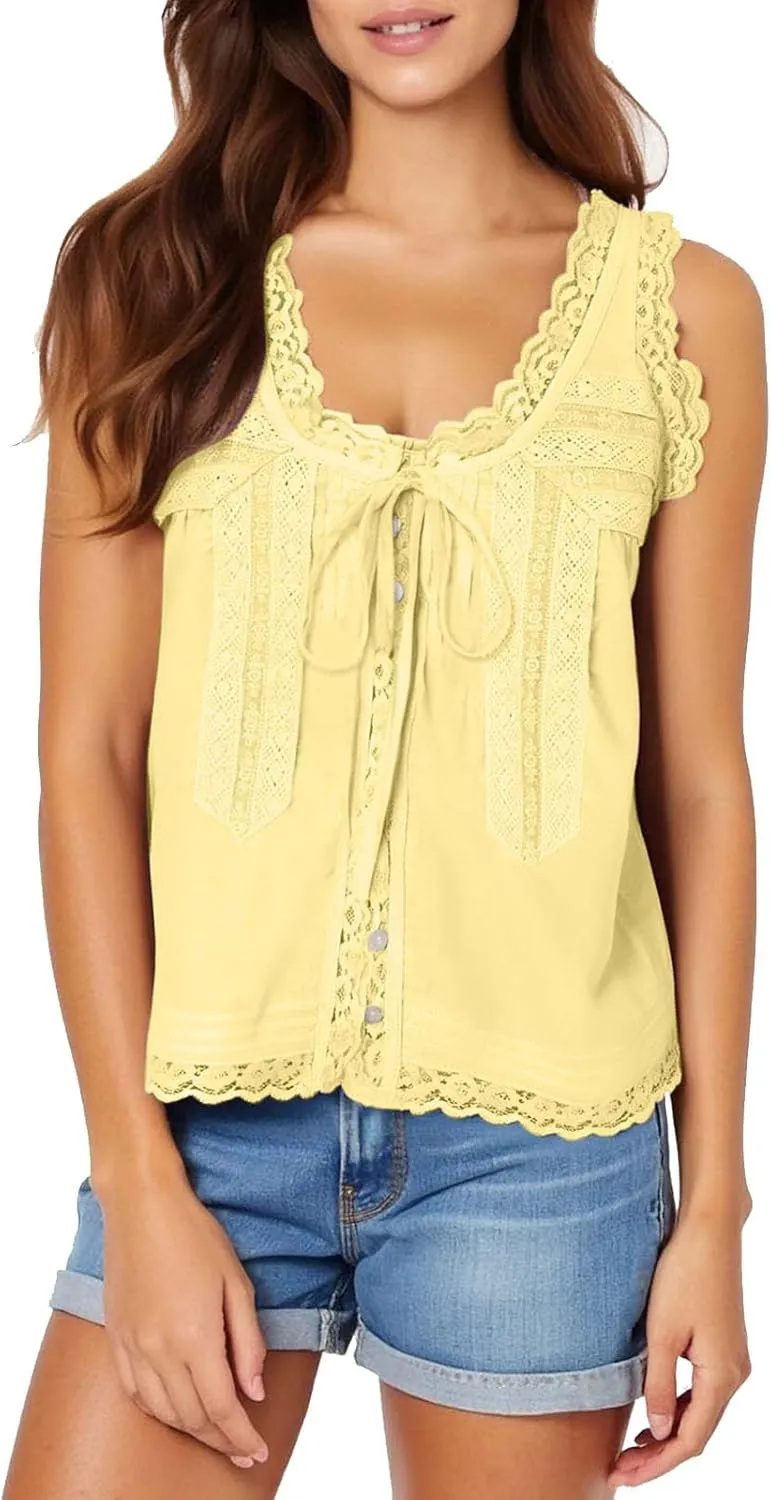 HGps8w Bow Tie Open Front Tank Top for Women Summer Embroidered Lace Trim Sleeveless V Neck Going Out Sexy Vest Crop Tops