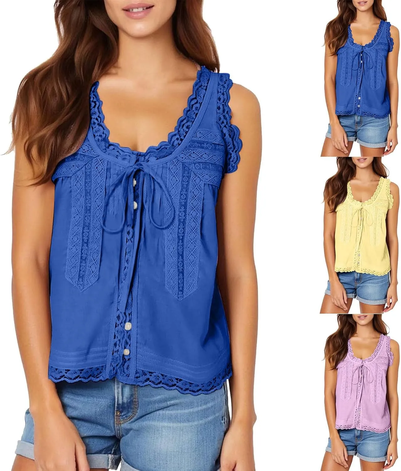 HGps8w Bow Tie Open Front Tank Top for Women Summer Embroidered Lace Trim Sleeveless V Neck Going Out Sexy Vest Crop Tops