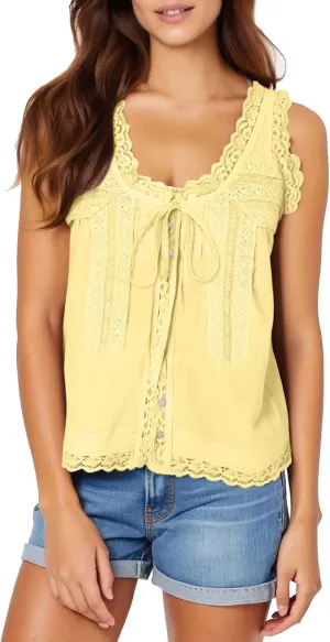 HGps8w Bow Tie Open Front Tank Top for Women Summer Embroidered Lace Trim Sleeveless V Neck Going Out Sexy Vest Crop Tops