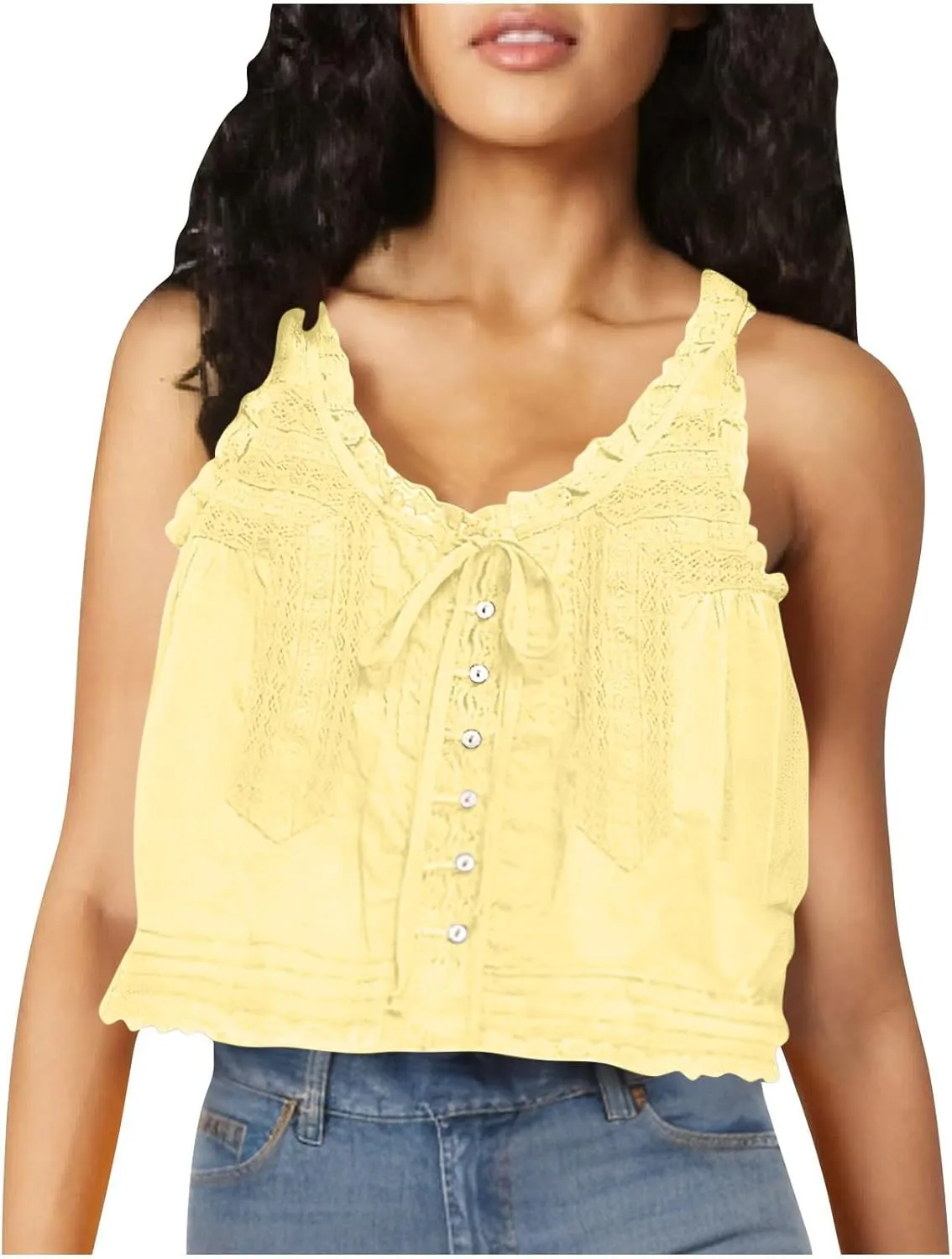 HGps8w Bow Tie Open Front Tank Top for Women Summer Embroidered Lace Trim Sleeveless V Neck Going Out Sexy Vest Crop Tops