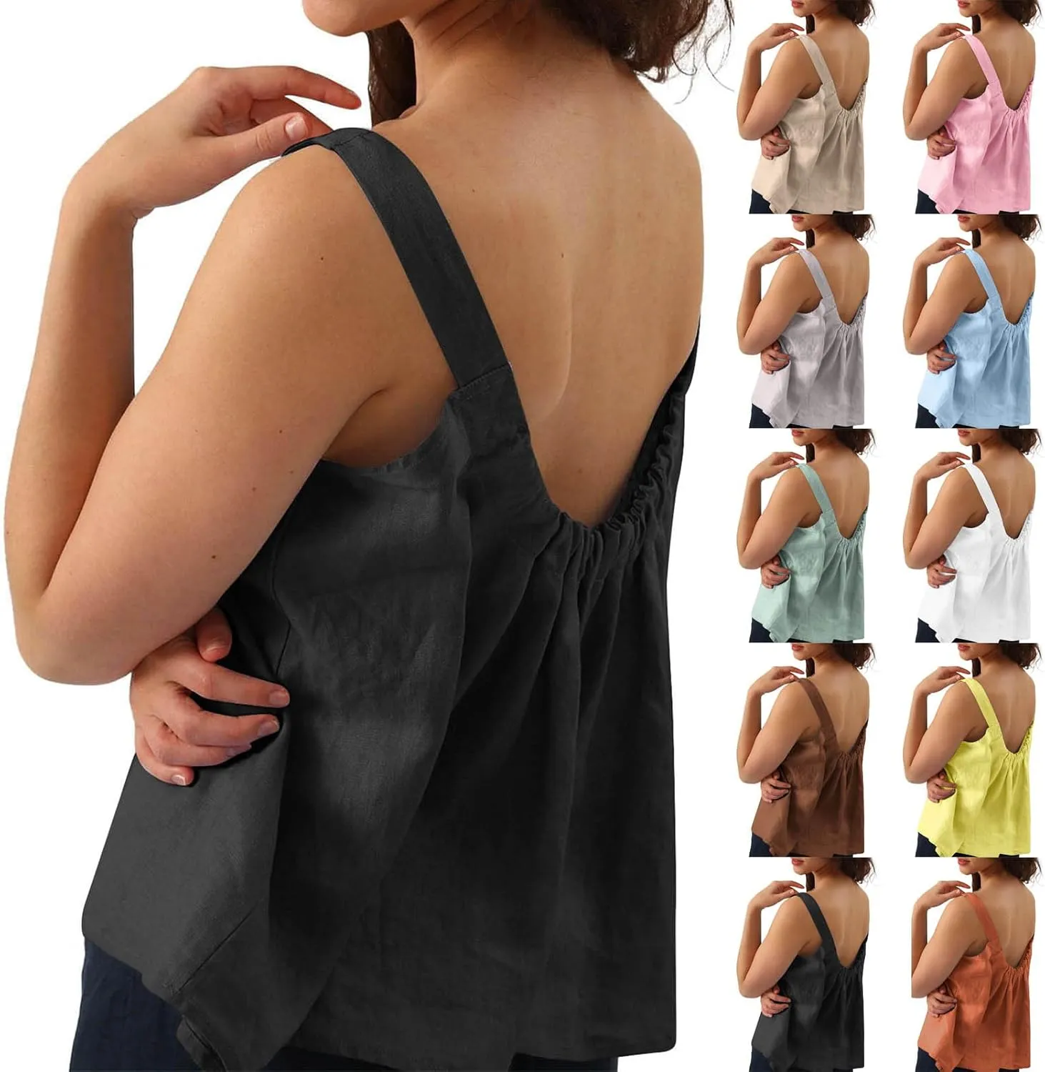 HGps8w Women's Open Back Cotton Linen Crop Tank Tops - Cute Summer Sleeveless Loose Square Neck Lightweight Casual Tee Shirts