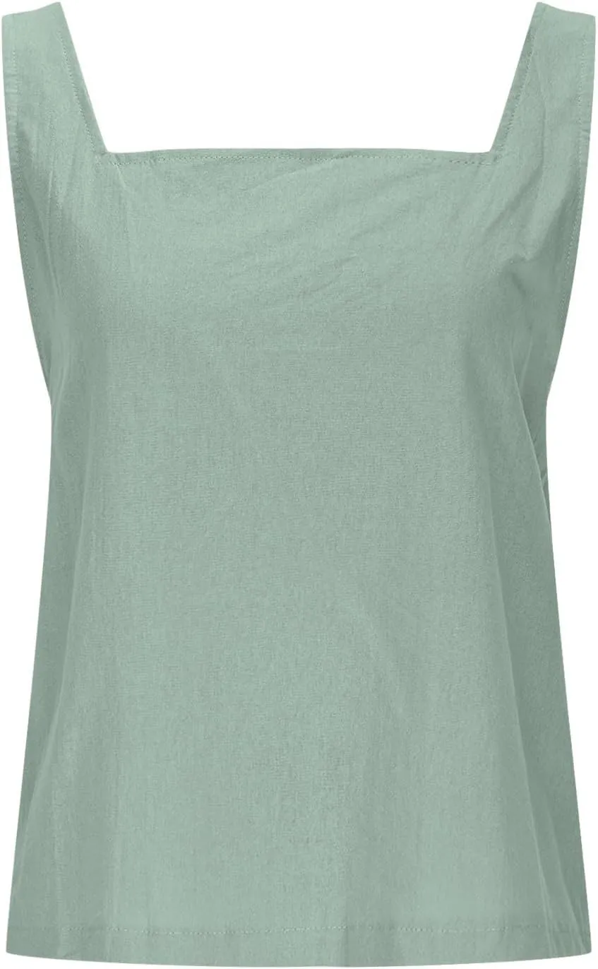 HGps8w Women's Open Back Cotton Linen Crop Tank Tops - Cute Summer Sleeveless Loose Square Neck Lightweight Casual Tee Shirts