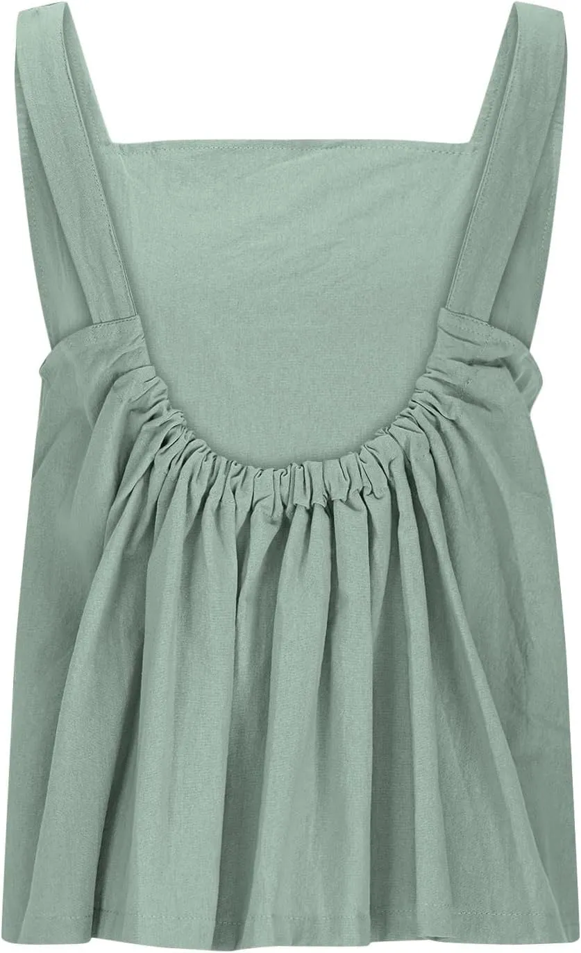 HGps8w Women's Open Back Cotton Linen Crop Tank Tops - Cute Summer Sleeveless Loose Square Neck Lightweight Casual Tee Shirts