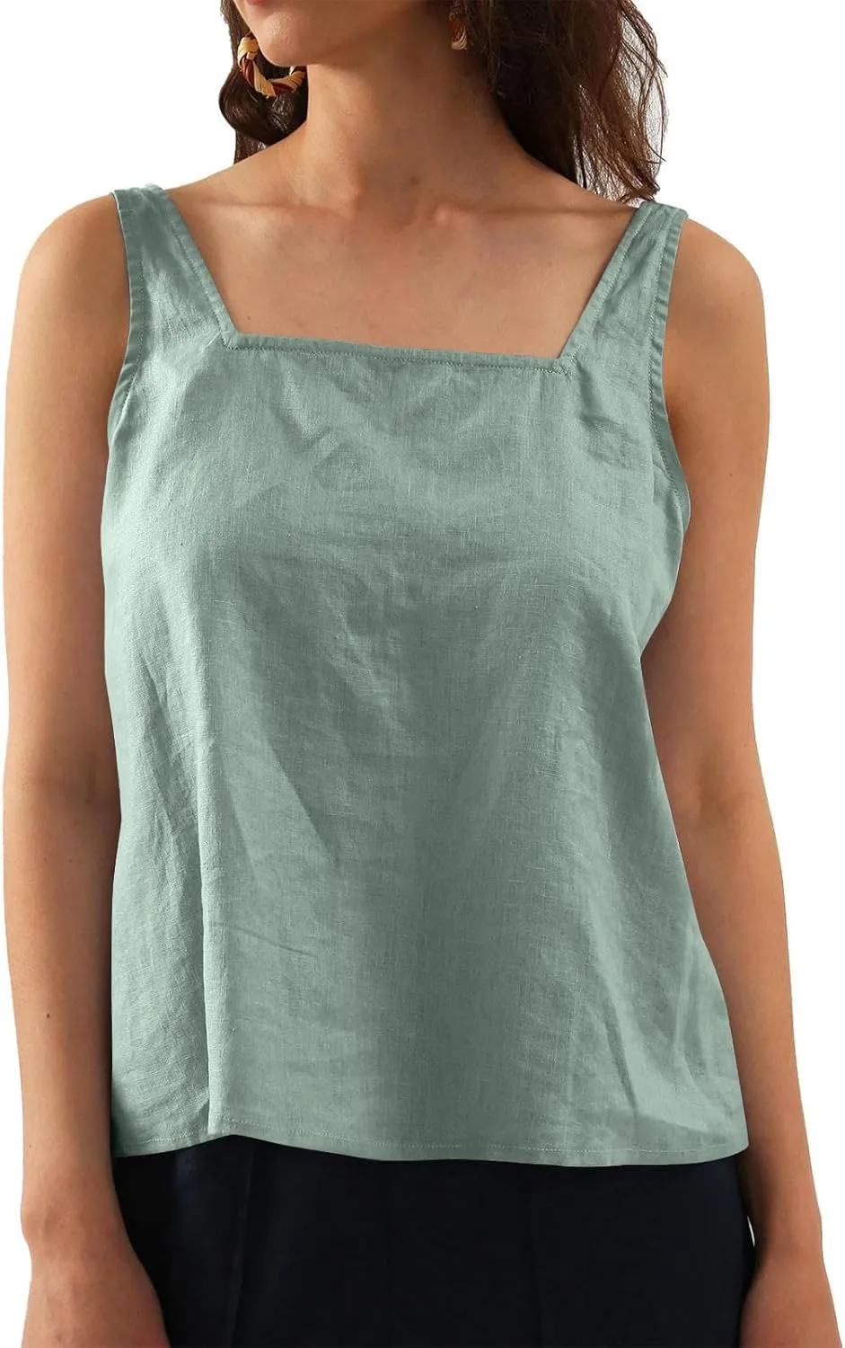 HGps8w Women's Open Back Cotton Linen Crop Tank Tops - Cute Summer Sleeveless Loose Square Neck Lightweight Casual Tee Shirts