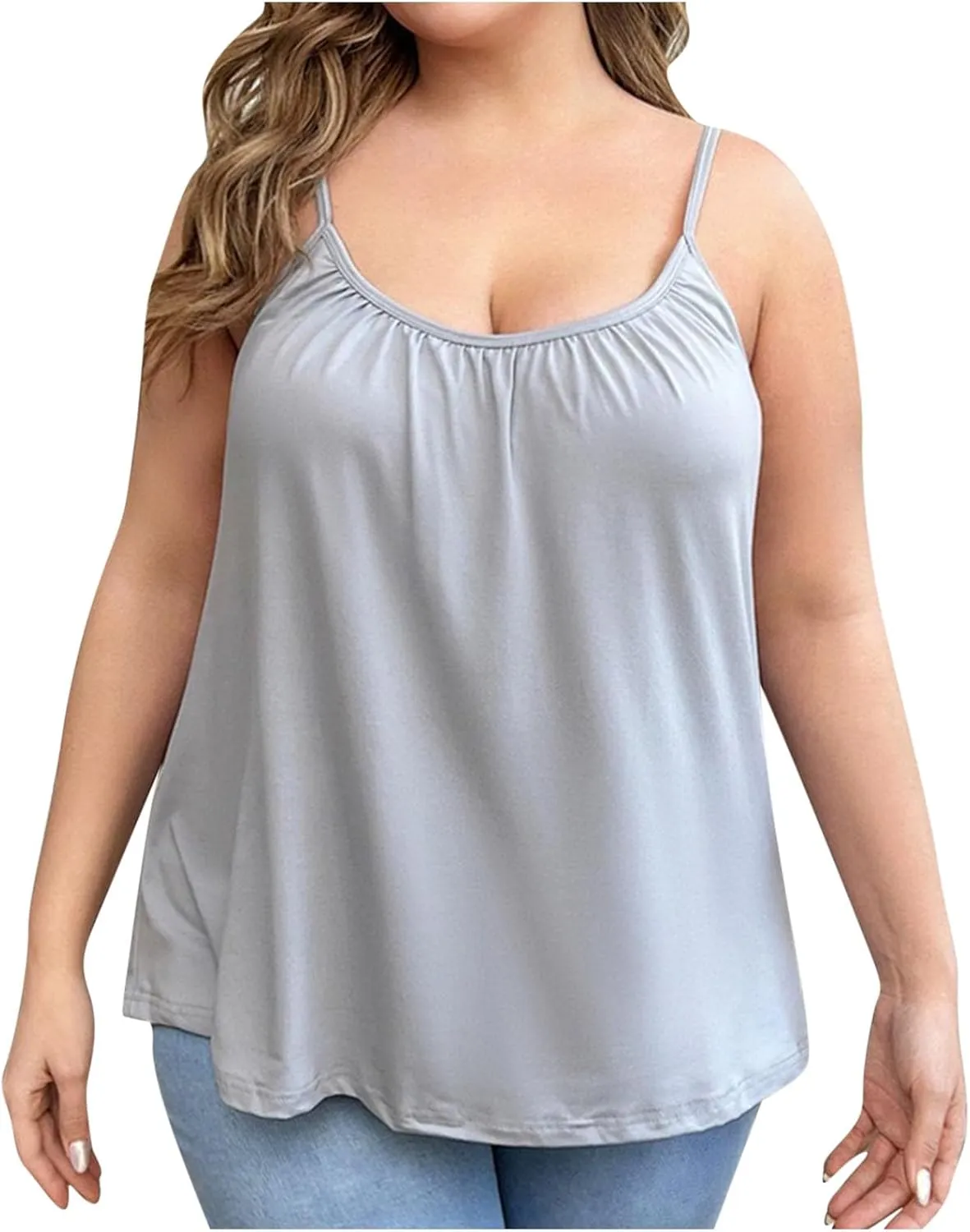 HGps8w Women's Plus Size Tank Tops with Built in Bras - Loose Pleated Summer Spaghetti Strap Padded Camisole Shirts