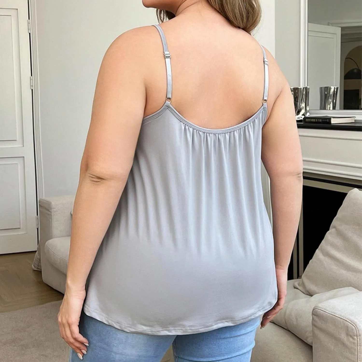 HGps8w Women's Plus Size Tank Tops with Built in Bras - Loose Pleated Summer Spaghetti Strap Padded Camisole Shirts