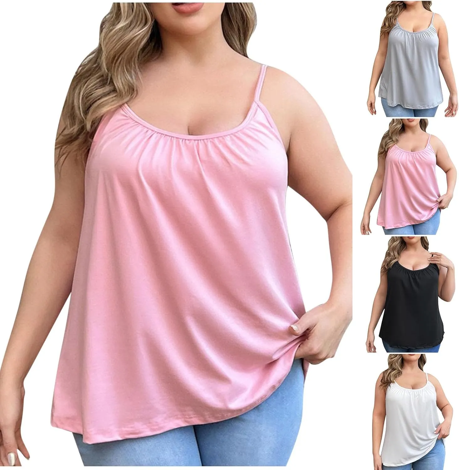 HGps8w Women's Plus Size Tank Tops with Built in Bras - Loose Pleated Summer Spaghetti Strap Padded Camisole Shirts