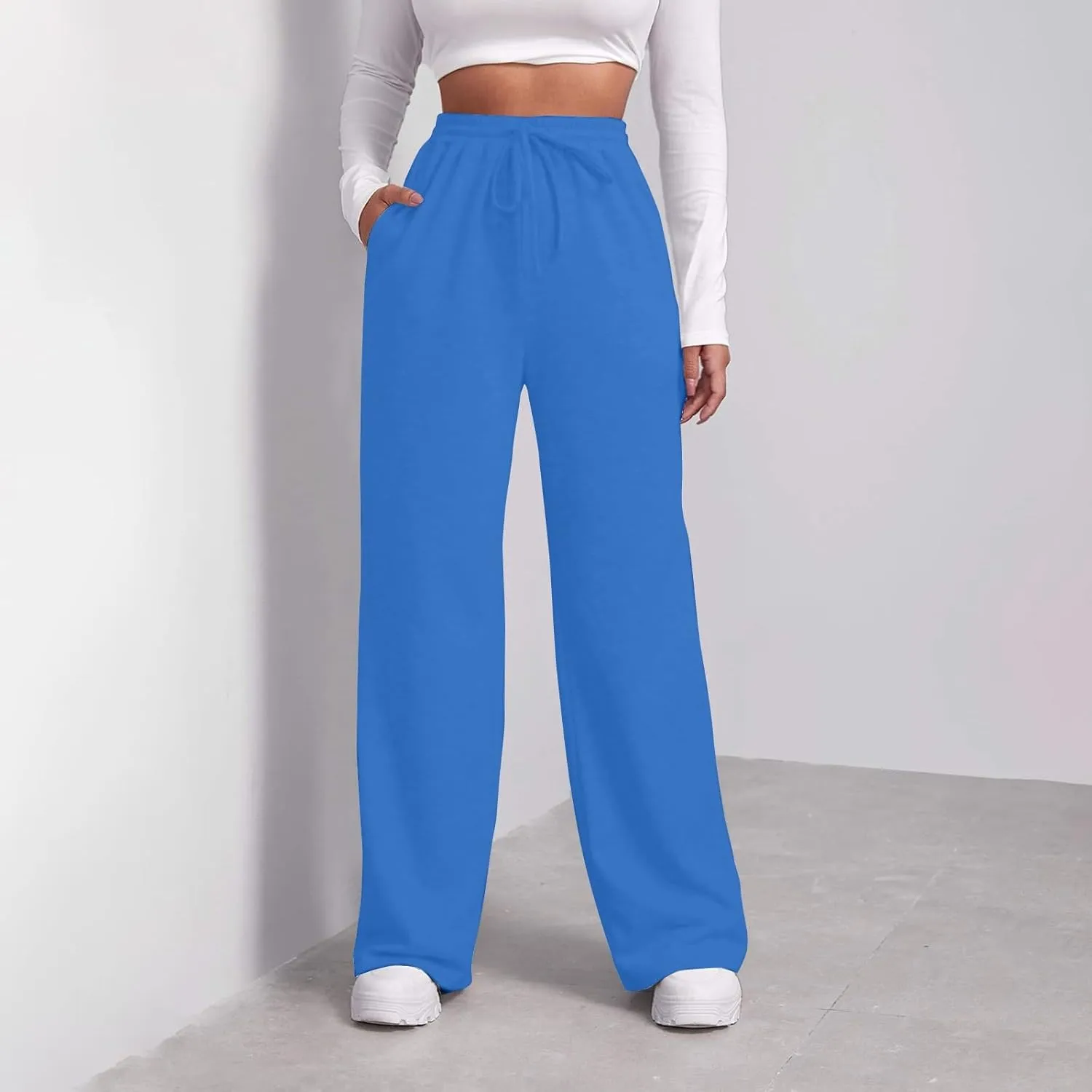 high Waisted Pants for Women Elastic Waist Straight Leg Sweatpants Pockets Solid Drawstring Comfy Loungewear Clothing