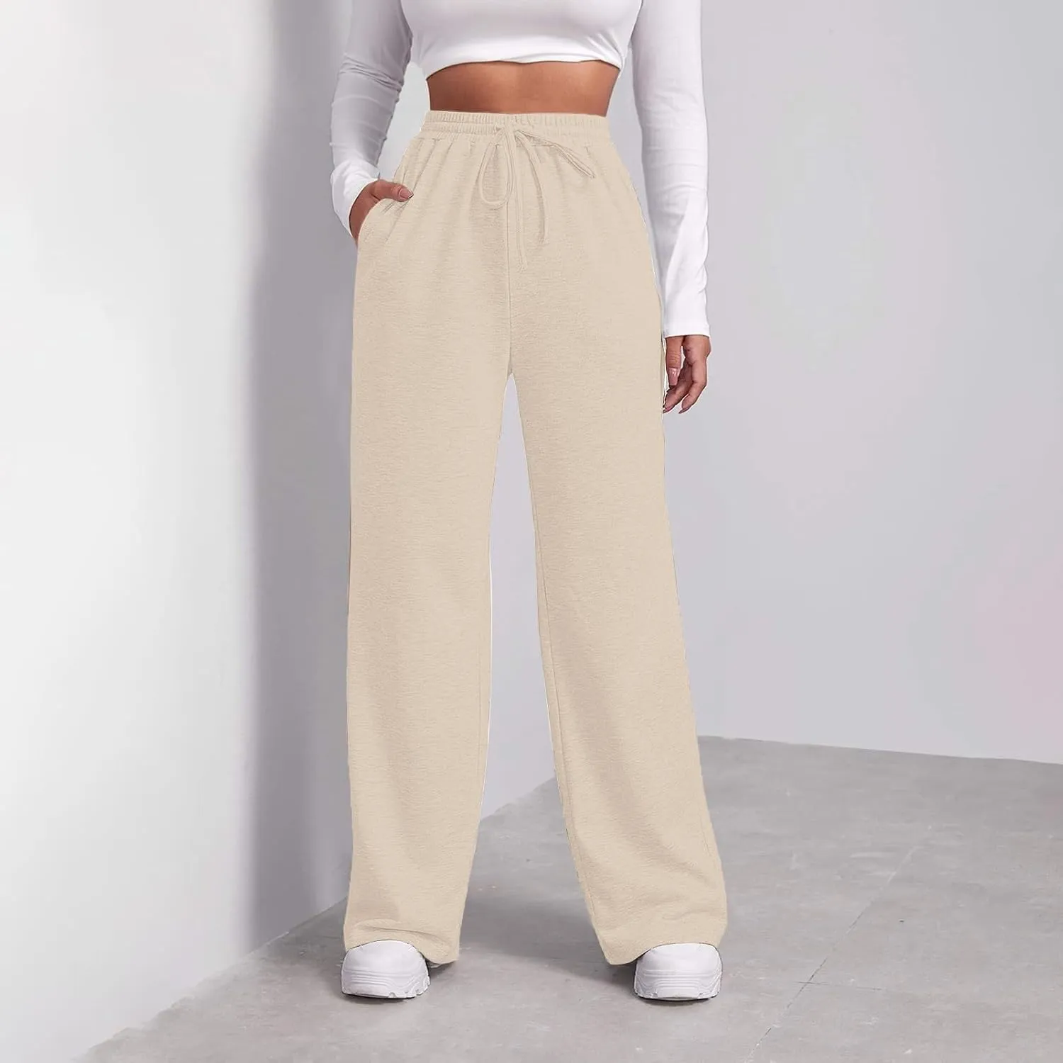 high Waisted Pants for Women Elastic Waist Straight Leg Sweatpants Pockets Solid Drawstring Comfy Loungewear Clothing