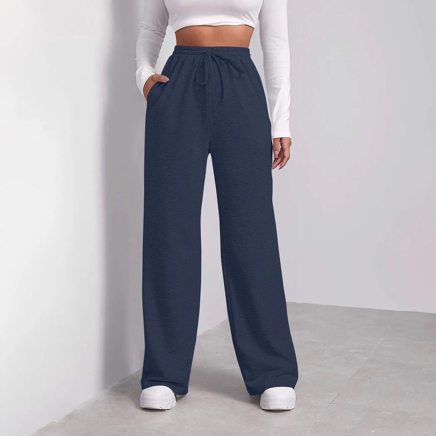 high Waisted Pants for Women Elastic Waist Straight Leg Sweatpants Pockets Solid Drawstring Comfy Loungewear Clothing