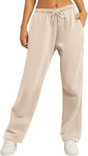 high Waisted Pants for Women Elastic Waist Straight Leg Sweatpants Pockets Solid Drawstring Comfy Loungewear Clothing