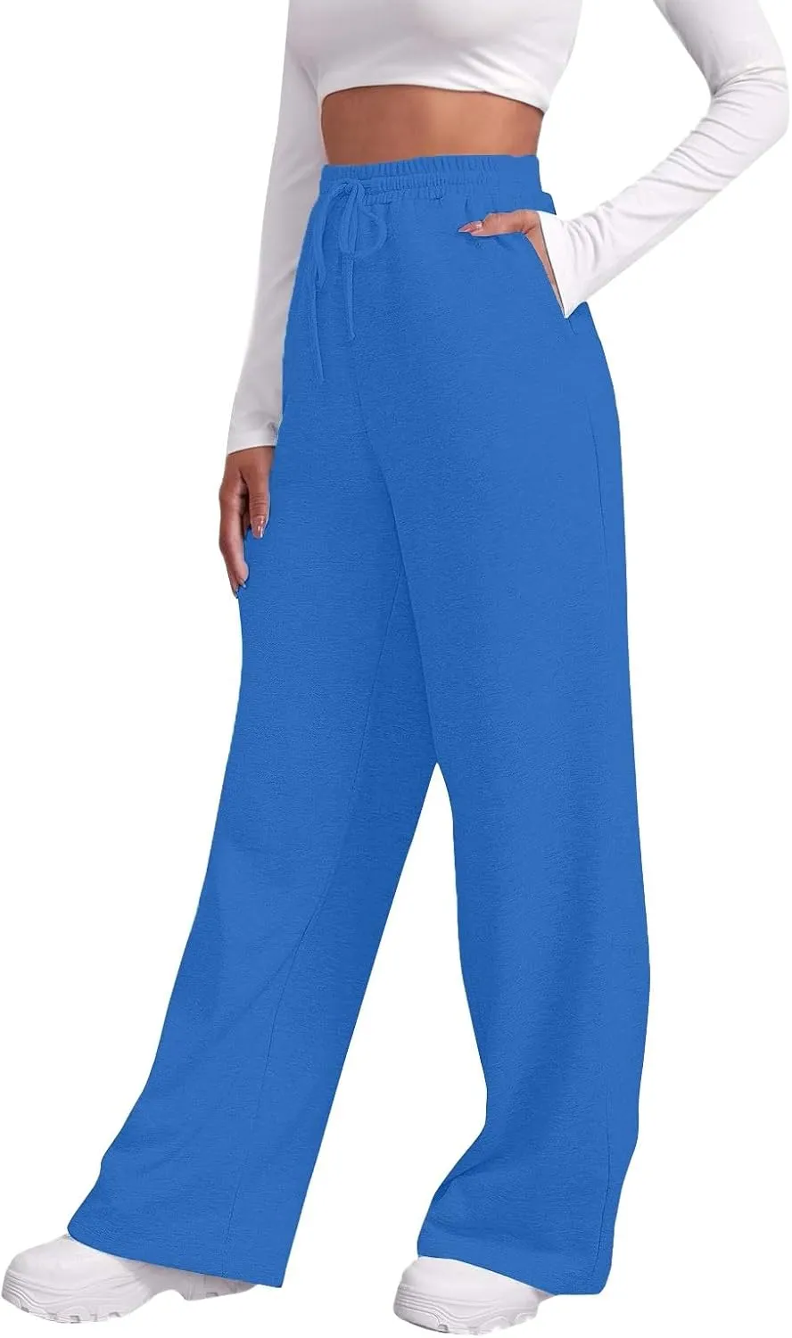 high Waisted Pants for Women Elastic Waist Straight Leg Sweatpants Pockets Solid Drawstring Comfy Loungewear Clothing