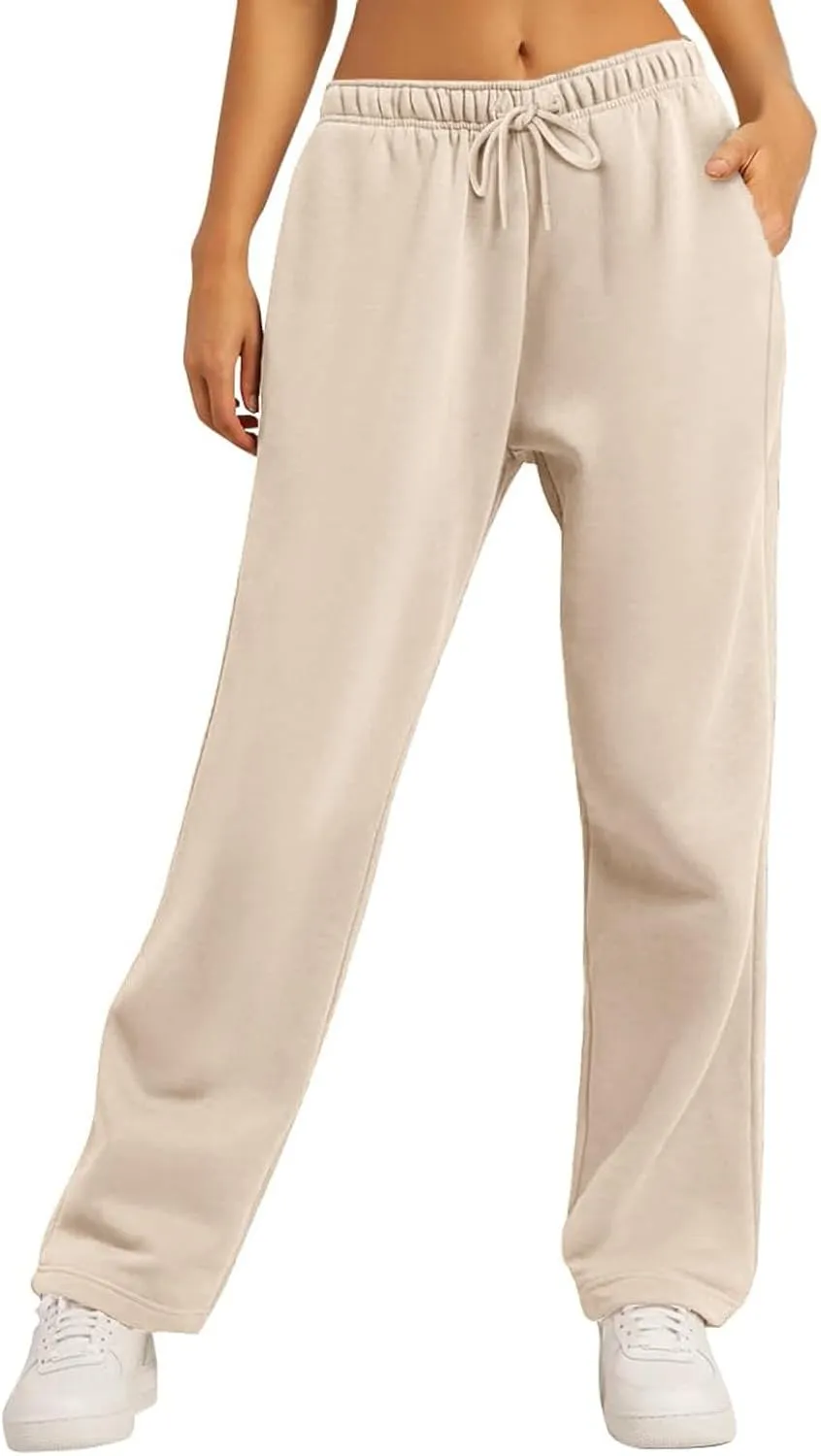 high Waisted Pants for Women Elastic Waist Straight Leg Sweatpants Pockets Solid Drawstring Comfy Loungewear Clothing