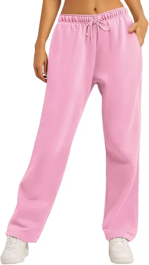 high Waisted Pants for Women Elastic Waist Straight Leg Sweatpants Pockets Solid Drawstring Comfy Loungewear Clothing