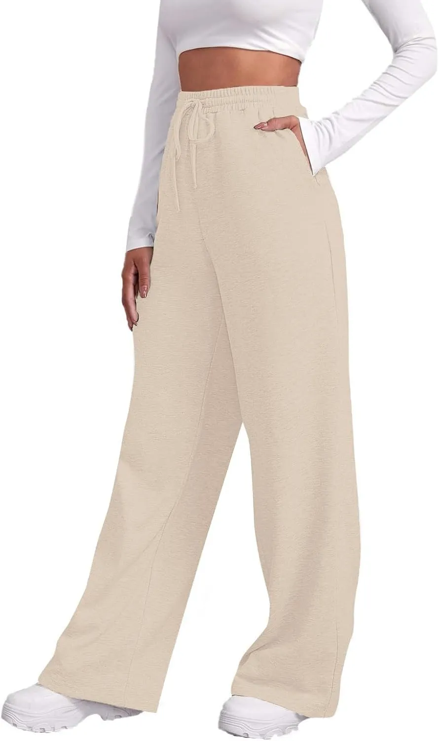 high Waisted Pants for Women Elastic Waist Straight Leg Sweatpants Pockets Solid Drawstring Comfy Loungewear Clothing