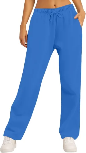 high Waisted Pants for Women Elastic Waist Straight Leg Sweatpants Pockets Solid Drawstring Comfy Loungewear Clothing