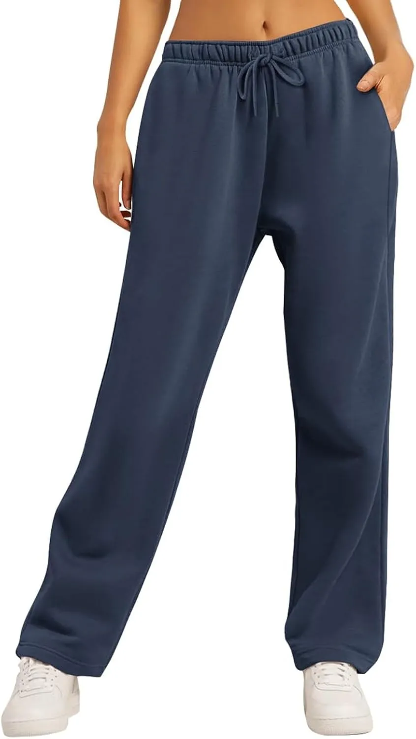high Waisted Pants for Women Elastic Waist Straight Leg Sweatpants Pockets Solid Drawstring Comfy Loungewear Clothing