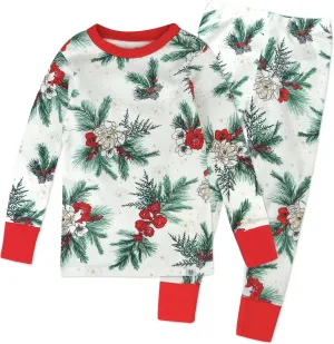 HonestBaby 2-Piece Pajamas Sleepwear PJs 100% Organic Cotton for Baby, Toddler, Kids, Holiday Pine Floral