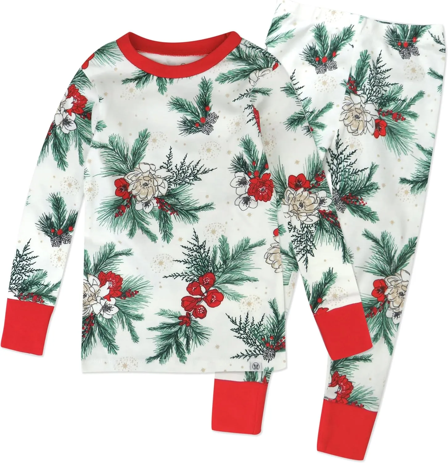 HonestBaby 2-Piece Pajamas Sleepwear PJs 100% Organic Cotton for Baby, Toddler, Kids, Holiday Pine Floral