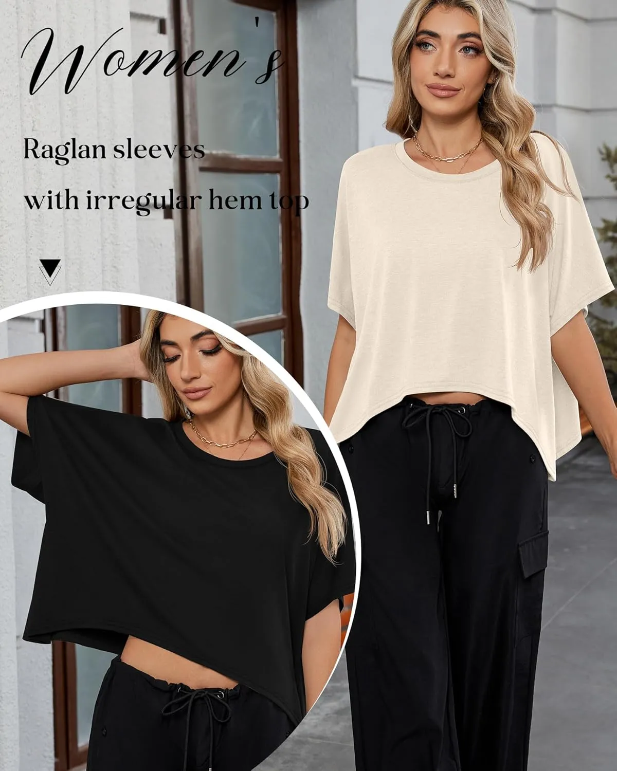 Huukeay 3 Pack Women's Oversized T Shirts Casual Half Short Sleeves Crop Tops Crew Neck Irregular Hem Baggy Cropped Tees