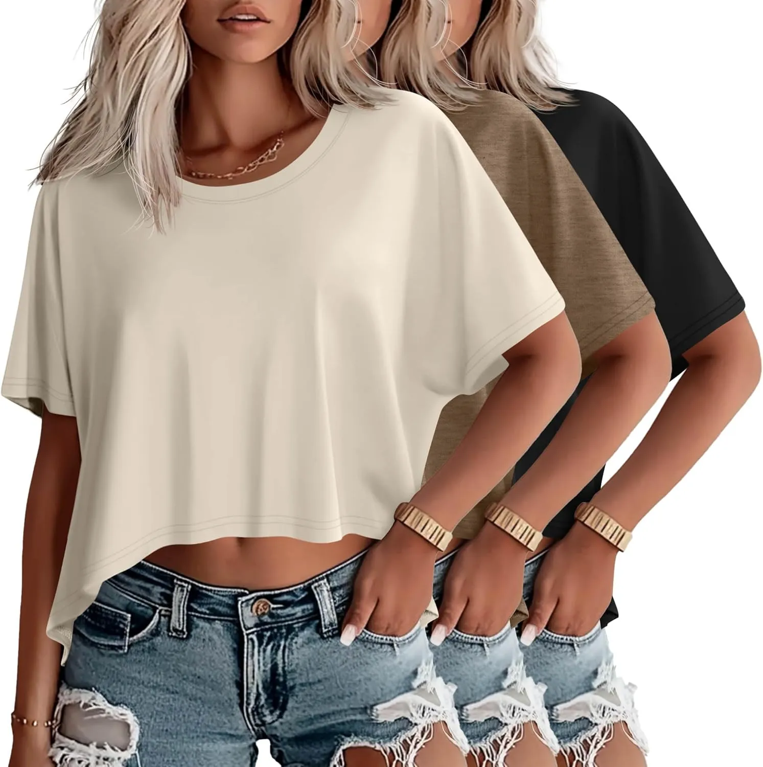Huukeay 3 Pack Women's Oversized T Shirts Casual Half Short Sleeves Crop Tops Crew Neck Irregular Hem Baggy Cropped Tees