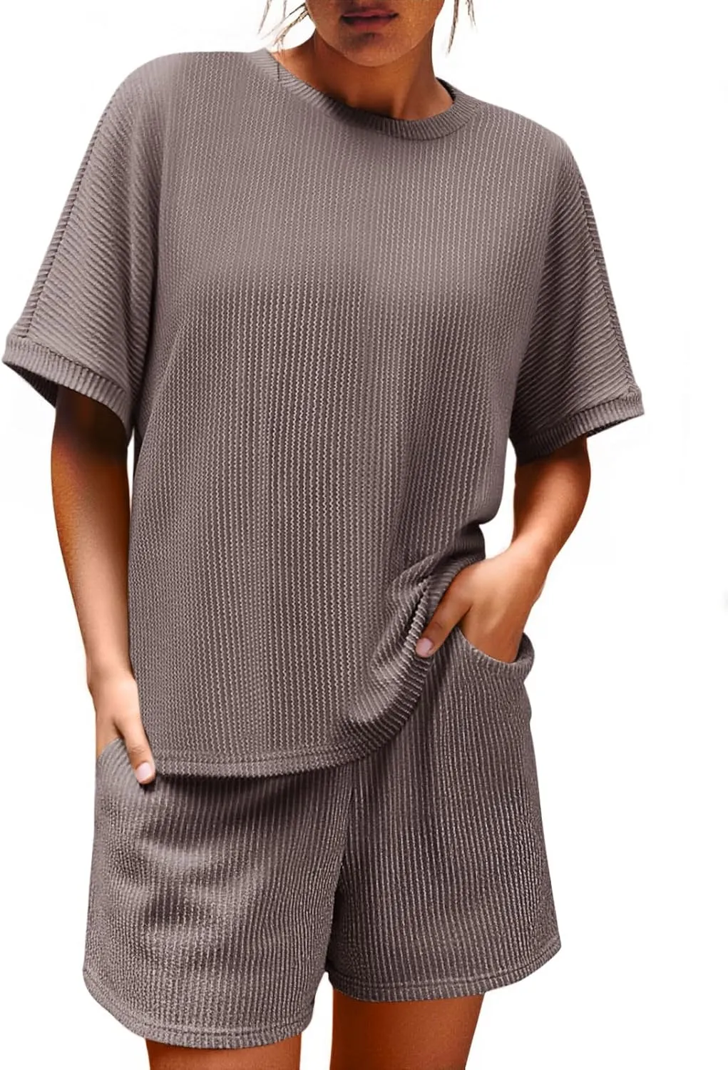 Imily Bela Womens 2 Piece Outfits 2025 Oversized Summer Short Sets Casual Beach Ribbed Short Sleeve Matching Set