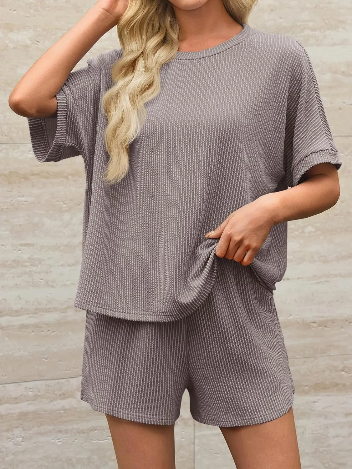Imily Bela Womens 2 Piece Outfits 2025 Oversized Summer Short Sets Casual Beach Ribbed Short Sleeve Matching Set
