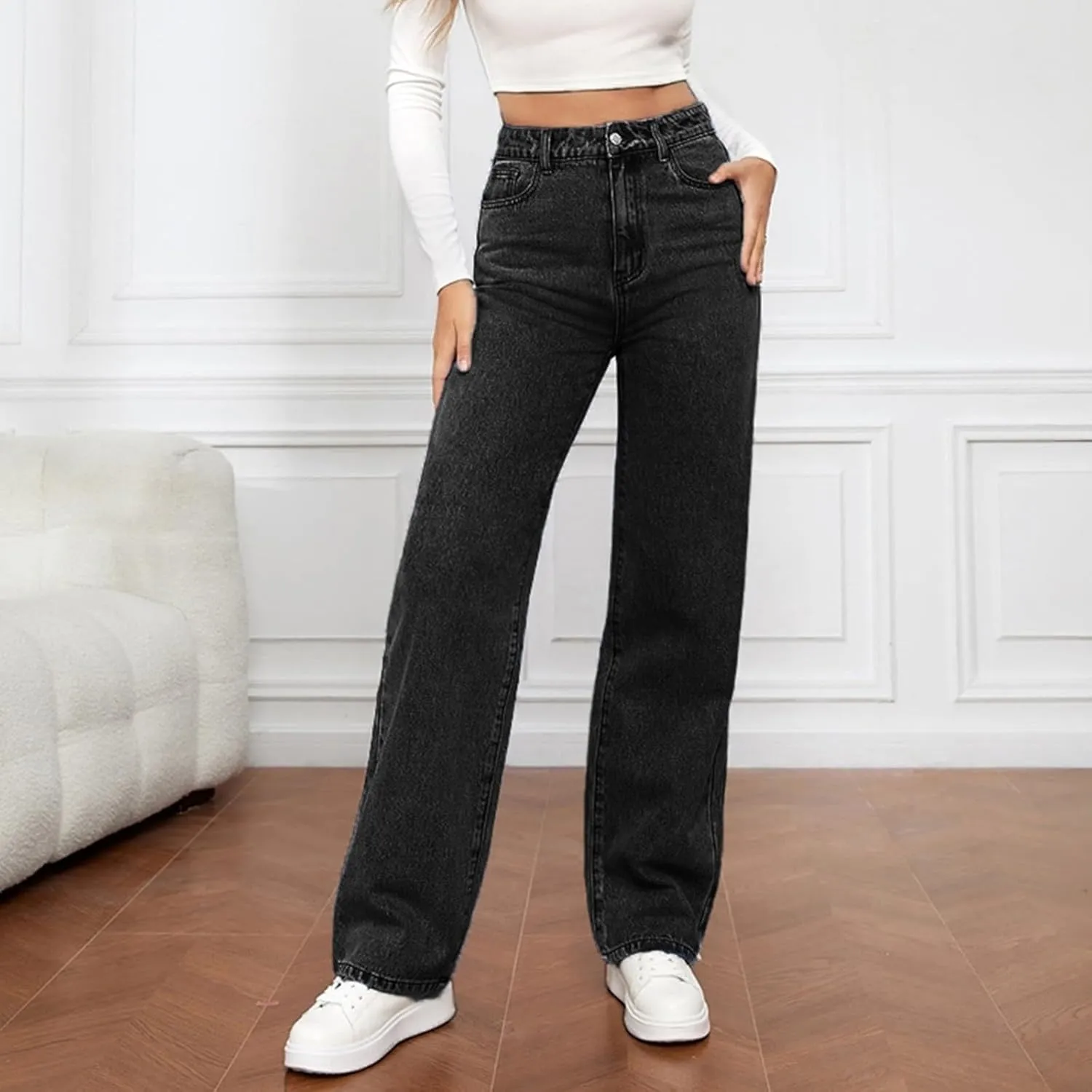 Jeans for Women High Waisted Straight Wide Leg Loose Stretchy Lightweight Tummy Control Pull On Denim Pants Boyfriend Jeans