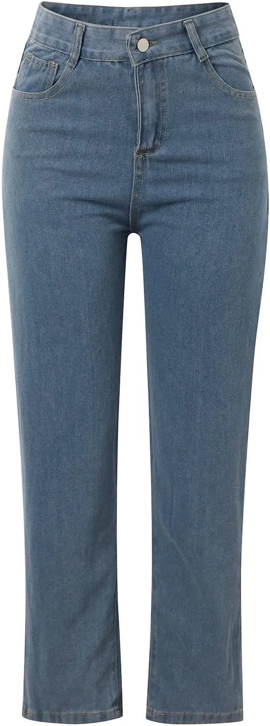 Jeans for Women High Waisted Straight Wide Leg Loose Stretchy Lightweight Tummy Control Pull On Denim Pants Boyfriend Jeans