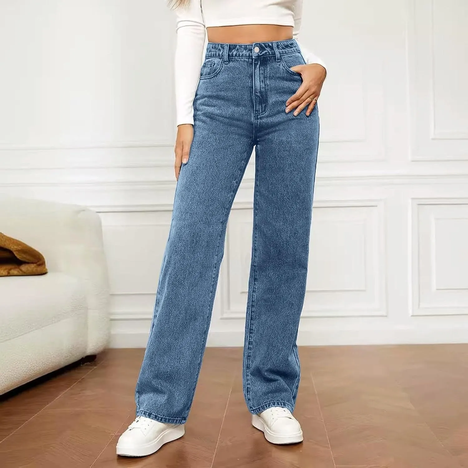Jeans for Women High Waisted Straight Wide Leg Loose Stretchy Lightweight Tummy Control Pull On Denim Pants Boyfriend Jeans