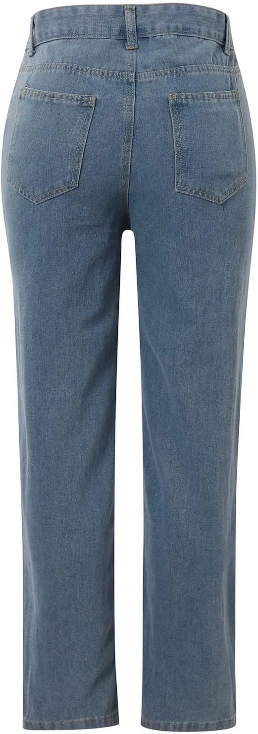 Jeans for Women High Waisted Straight Wide Leg Loose Stretchy Lightweight Tummy Control Pull On Denim Pants Boyfriend Jeans