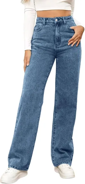 Jeans for Women High Waisted Straight Wide Leg Loose Stretchy Lightweight Tummy Control Pull On Denim Pants Boyfriend Jeans