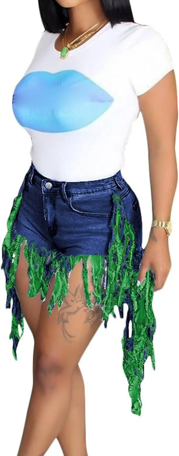 JEKE-DG Women's Plus Size Fringe Raw Hem Denim Shorts High Waisted Tassels Stretchy Hem Short Jeans Clubwear Jeans Short