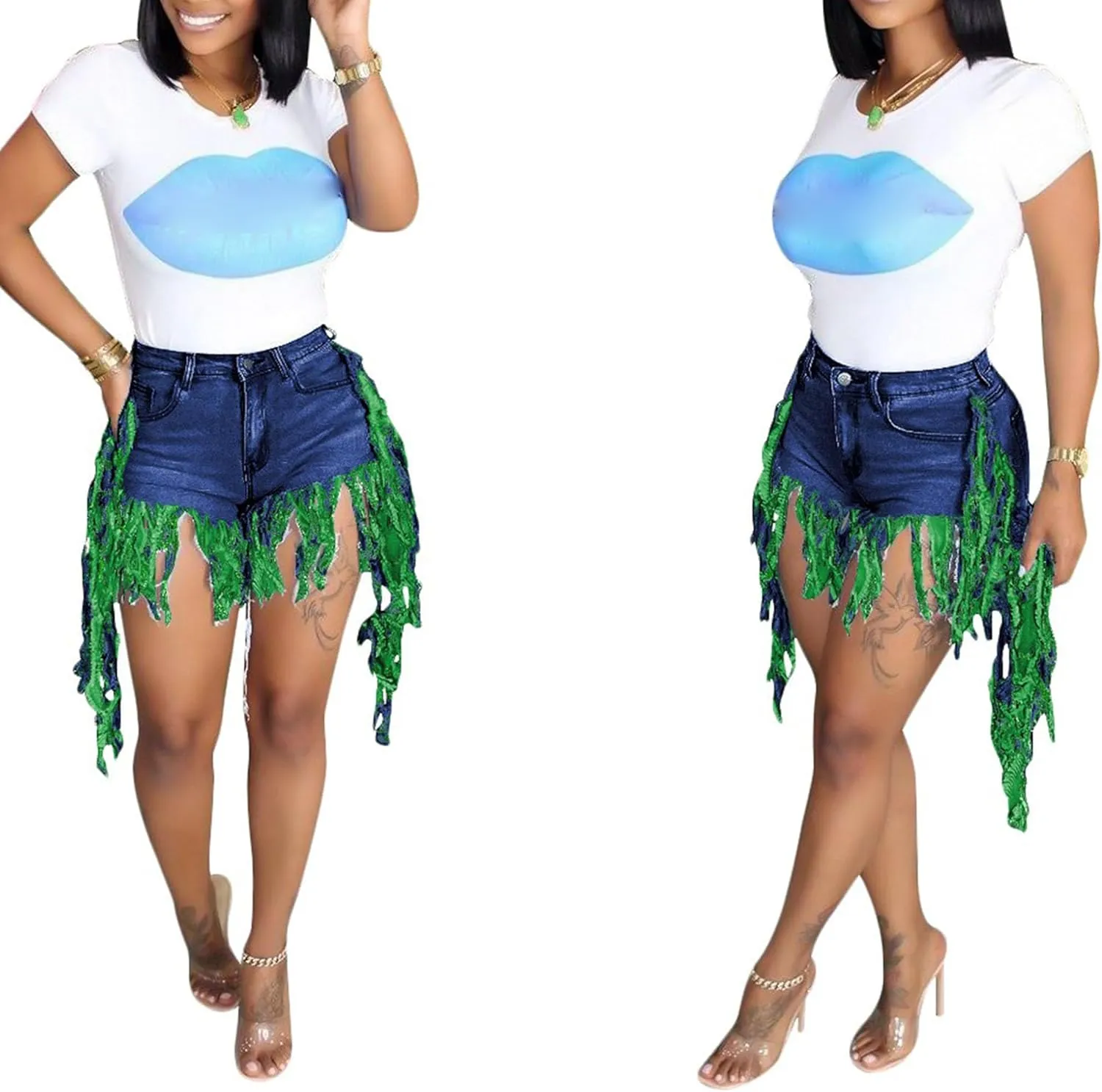 JEKE-DG Women's Plus Size Fringe Raw Hem Denim Shorts High Waisted Tassels Stretchy Hem Short Jeans Clubwear Jeans Short