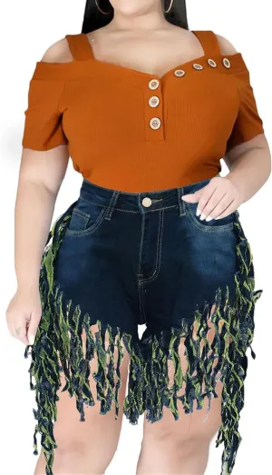 JEKE-DG Women's Plus Size Fringe Raw Hem Denim Shorts High Waisted Tassels Stretchy Hem Short Jeans Clubwear Jeans Short