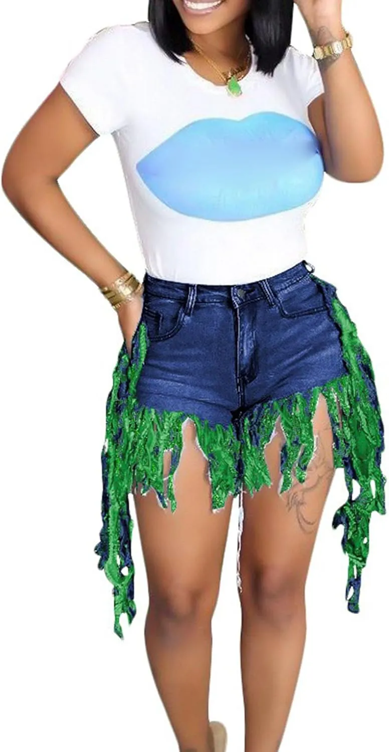 JEKE-DG Women's Plus Size Fringe Raw Hem Denim Shorts High Waisted Tassels Stretchy Hem Short Jeans Clubwear Jeans Short