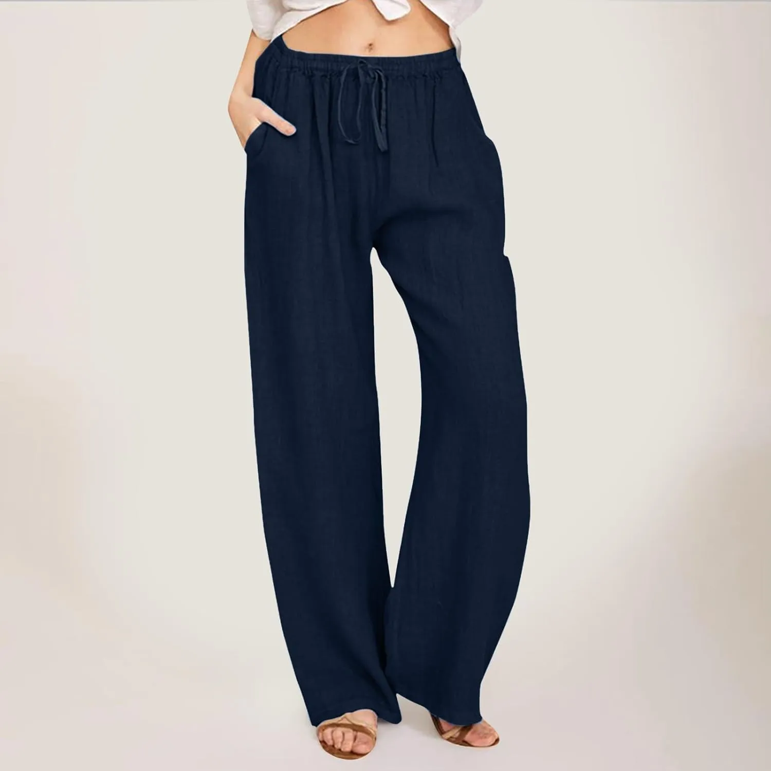 JiXiang Trousers for Women Trendy High Waisted Wide Leg Loose Drawstring Elastic Comfort Straight Long Pants with Pockets