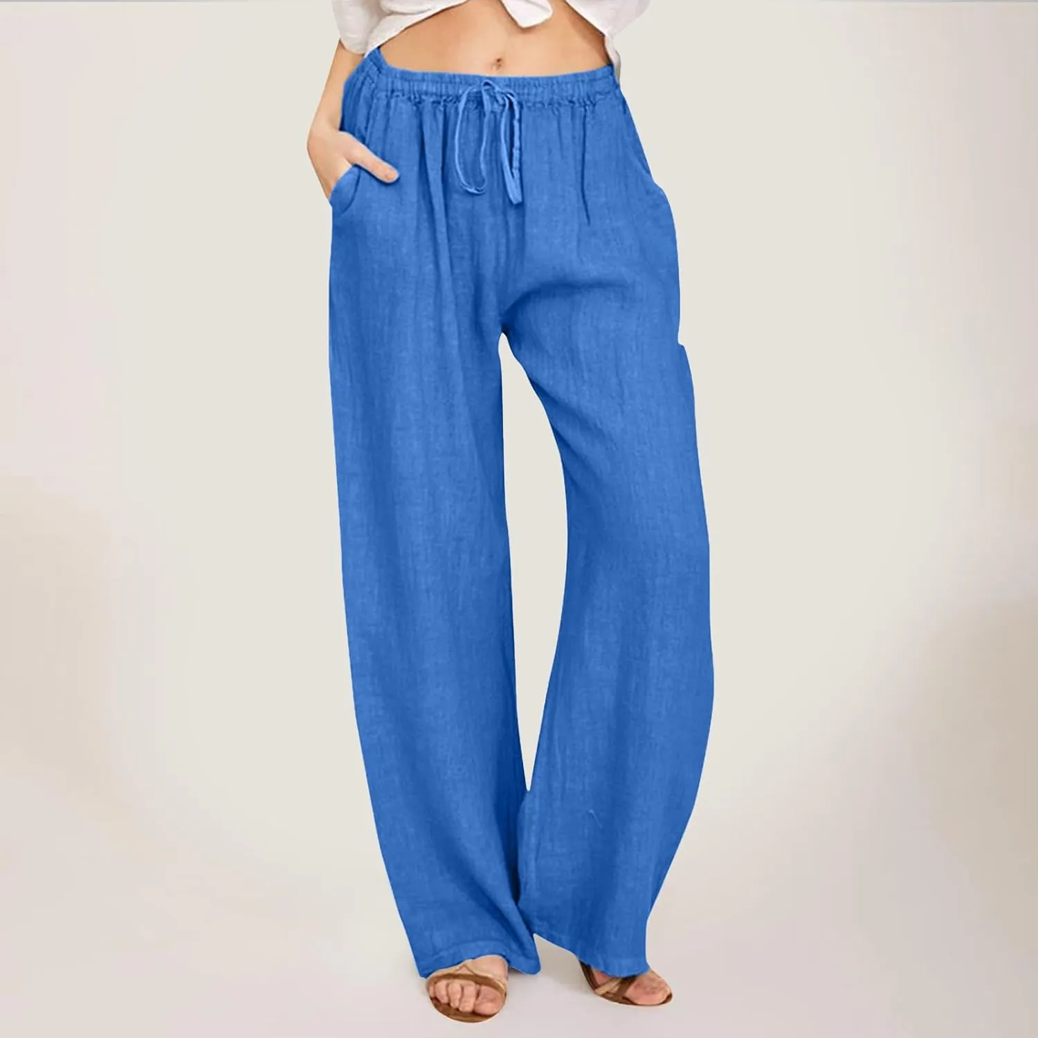 JiXiang Trousers for Women Trendy High Waisted Wide Leg Loose Drawstring Elastic Comfort Straight Long Pants with Pockets