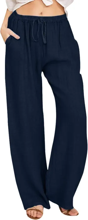 JiXiang Trousers for Women Trendy High Waisted Wide Leg Loose Drawstring Elastic Comfort Straight Long Pants with Pockets