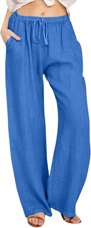 JiXiang Trousers for Women Trendy High Waisted Wide Leg Loose Drawstring Elastic Comfort Straight Long Pants with Pockets