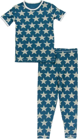 KicKee - Celebrate The 4th - Ultra Soft, Short Sleeve Top & Long Pants Pajama Set – Stars or Stripes Sleepwear for Kids