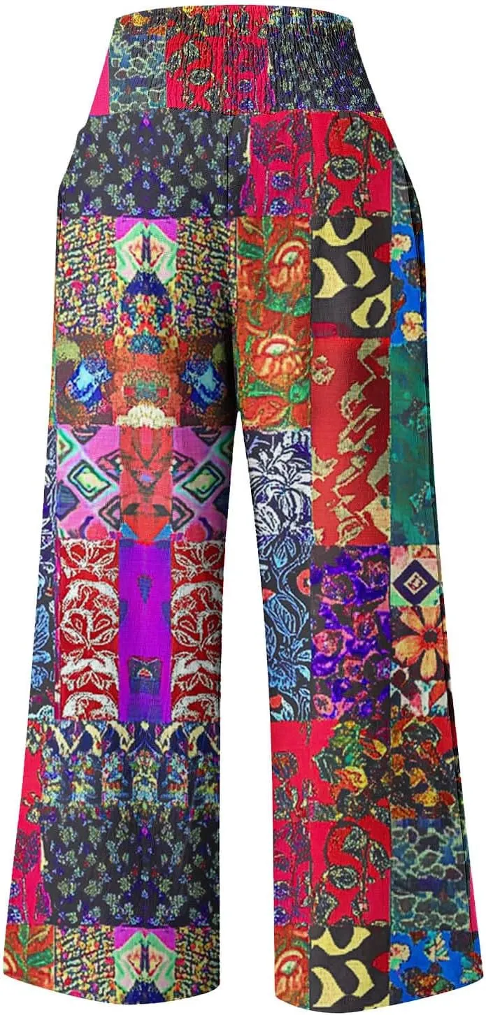 Ladies Floral Wide Leg Pants Soft Cotton Linen Smocked Waist Trousers with Pockets Relaxed Fit for Vacations 2025