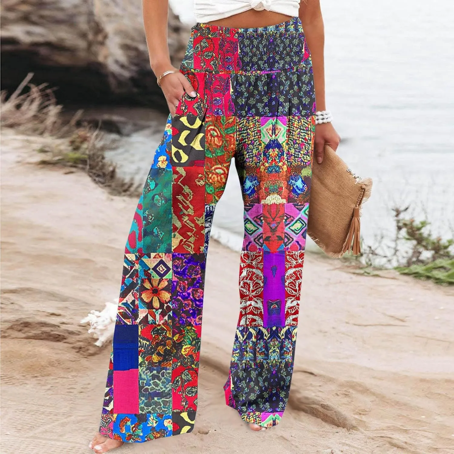 Ladies Floral Wide Leg Pants Soft Cotton Linen Smocked Waist Trousers with Pockets Relaxed Fit for Vacations 2025
