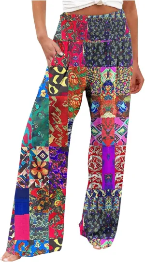 Ladies Floral Wide Leg Pants Soft Cotton Linen Smocked Waist Trousers with Pockets Relaxed Fit for Vacations 2025