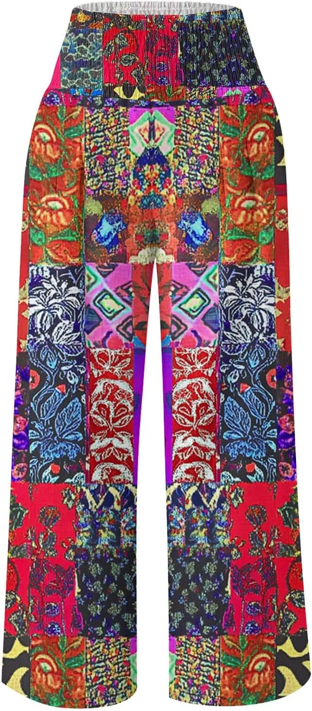 Ladies Floral Wide Leg Pants Soft Cotton Linen Smocked Waist Trousers with Pockets Relaxed Fit for Vacations 2025