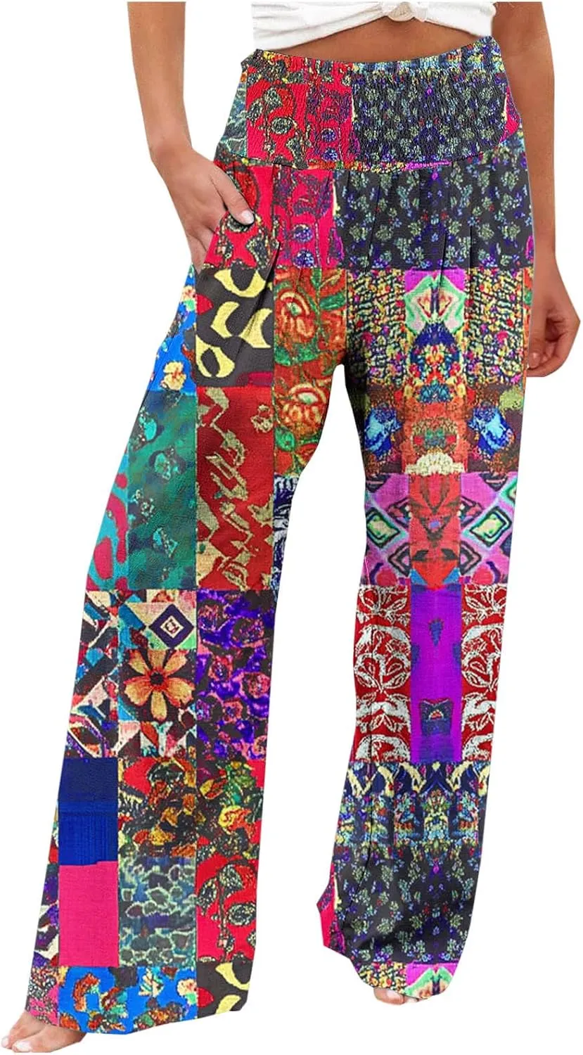 Ladies Floral Wide Leg Pants Soft Cotton Linen Smocked Waist Trousers with Pockets Relaxed Fit for Vacations 2025