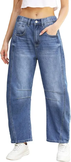 Ladyful Barrel Jeans for Women Wide Leg Elastic Mid Rise Denim Pants Baggy Cropped Boyfriend Ankle Jeans