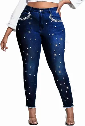 Ladyful Women's Skinny Jeans Classic Mid Waist Stretchy Denim Pants with Pearls Rhinestones Deep Blue